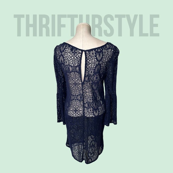 Navy Blue Crochet Lace Bell Sleeve Mini‎ Dress Swim Cover Up Small/Petite - Picture 2 of 8